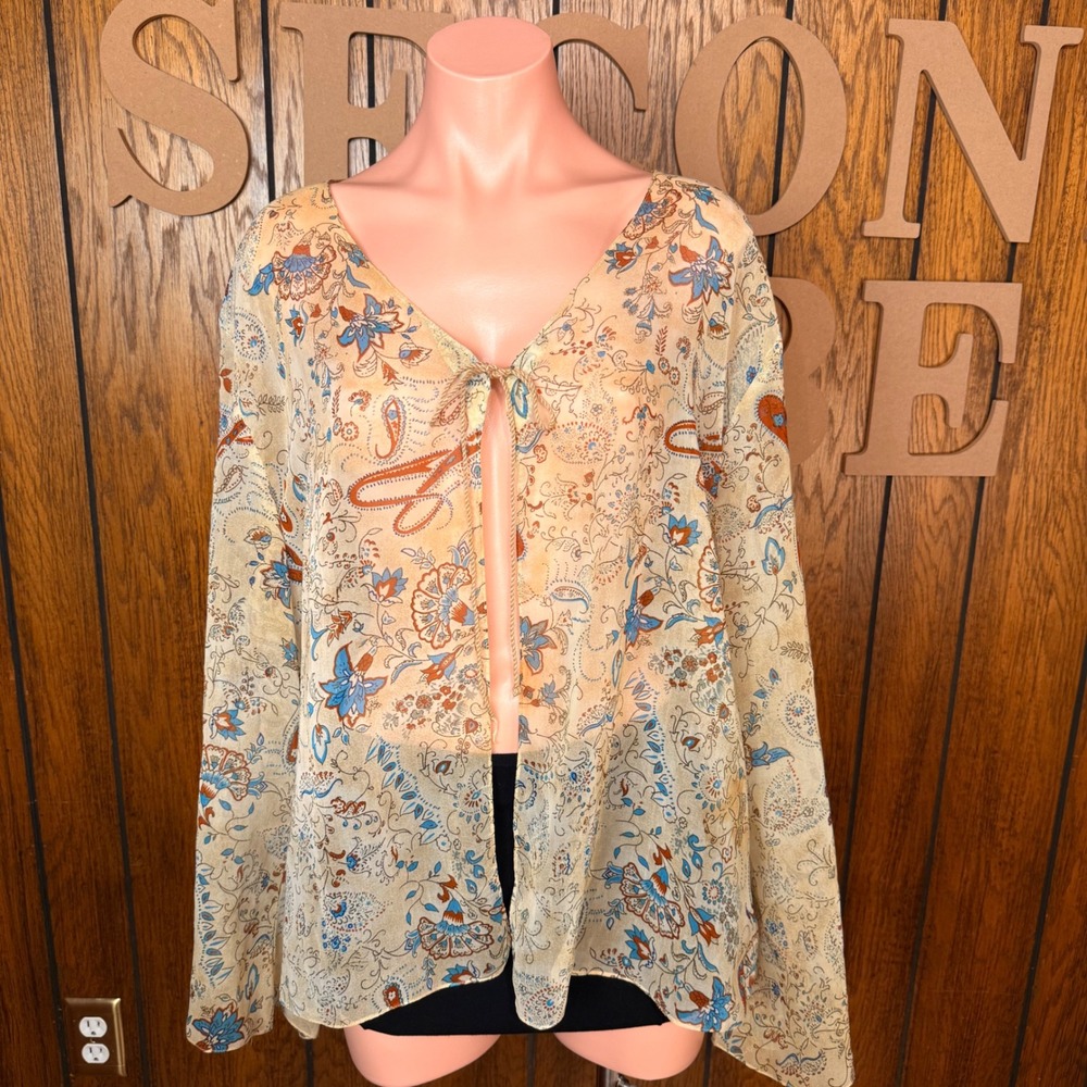 Y2K Boho Sheer Tie Front Bell Sleeve Top Mlle Gabrielle XL Tan Whimsigoth Fairy